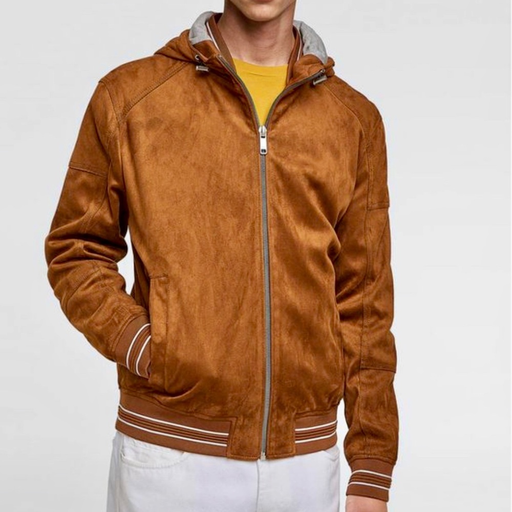 Zara Men's Faux Suede Brown Varsity Bomber Jacket w Hoodie Sz Medium